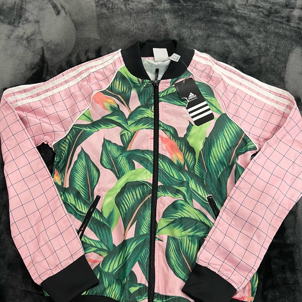 Adidas Pink and Green Leaf Print Bomber Jacket